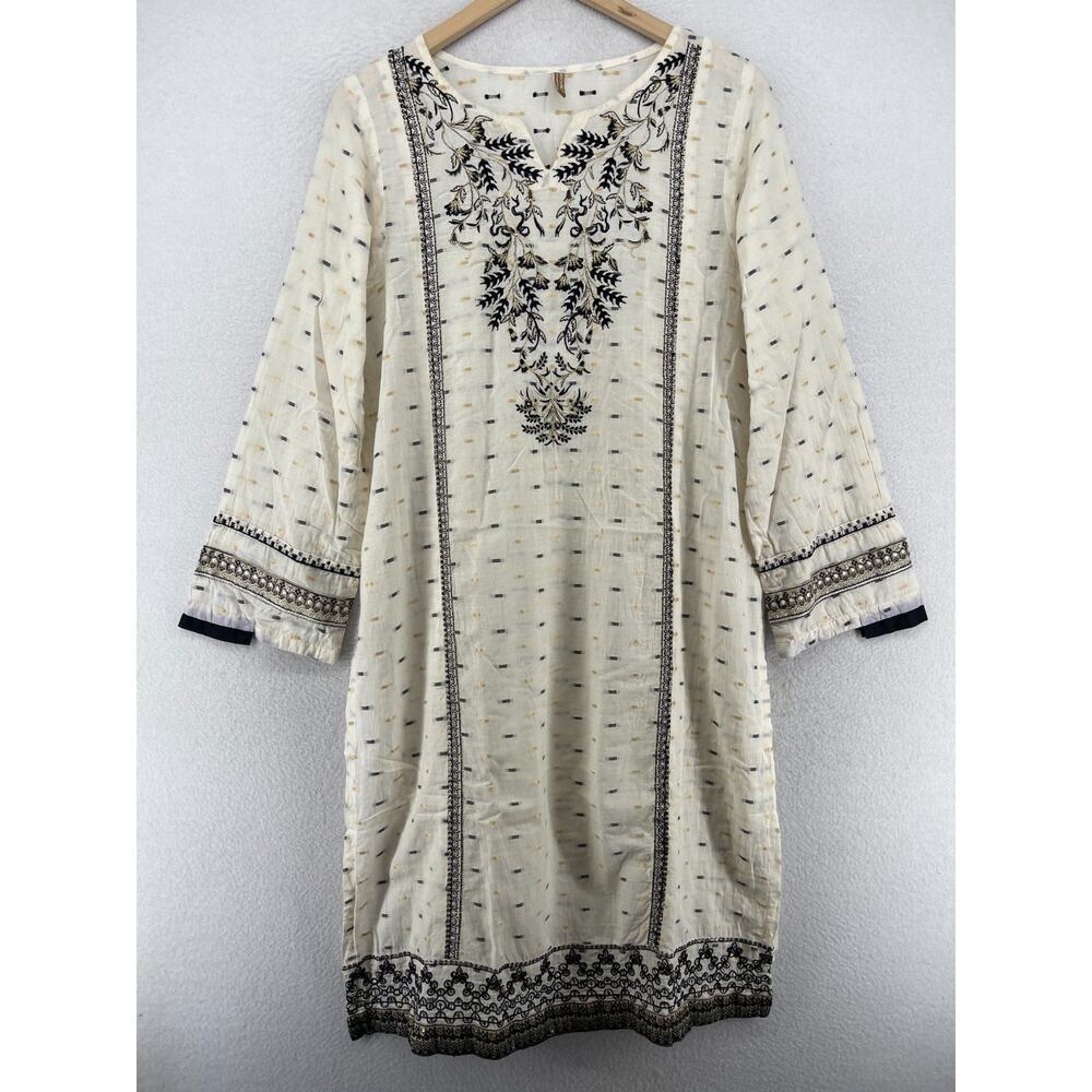 BEECHTREE Dress Womens 12 Botanical Embroidery Tunic Long Sleeve Boho Off White